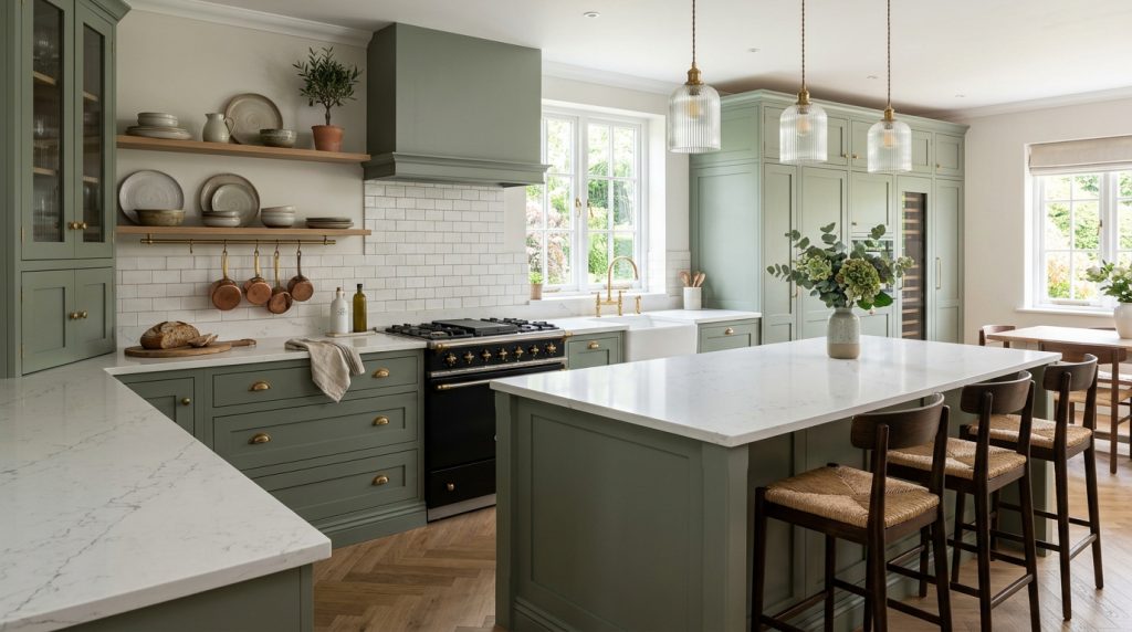 Cuisine vert sauge et quartz blanc, luxueux