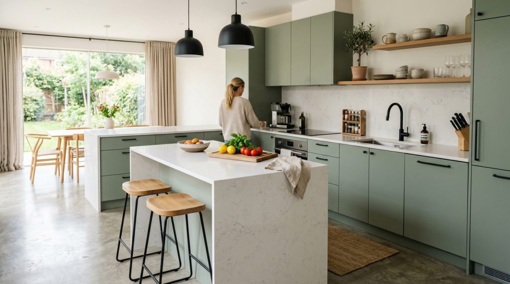 Cuisine vert sauge et quartz blanc, moderne