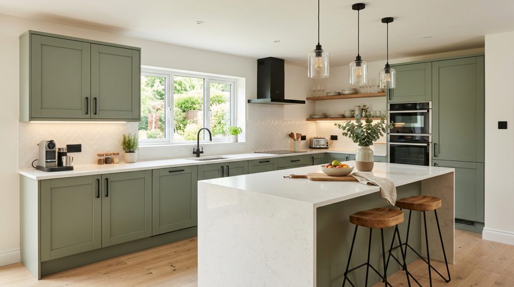 Cuisine vert sauge et quartz blanc, moderne 2