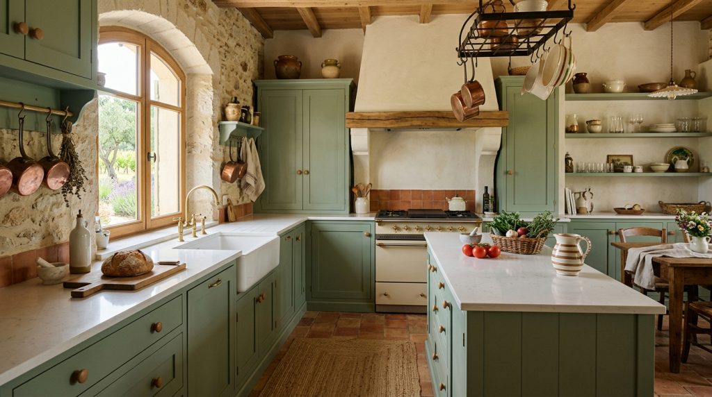 Cuisine vert sauge et quartz blanc, provençale