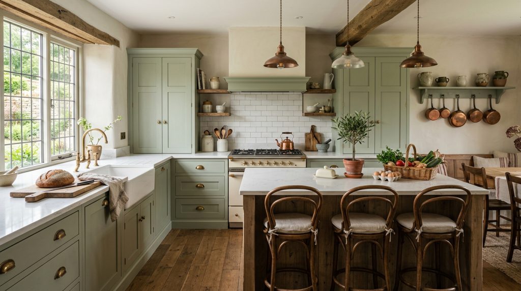 Cuisine vert sauge et quartz blanc, rustique