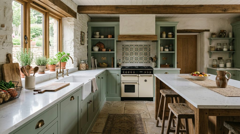 Cuisine vert sauge et quartz blanc, rustique 2