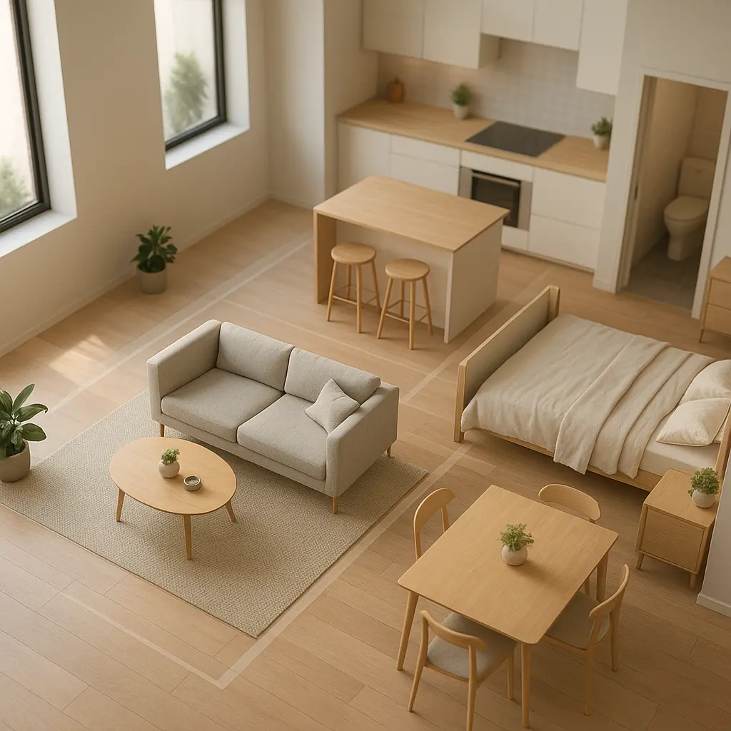 3D apartment floor plan with furniture layout, natural light and circulation paths
