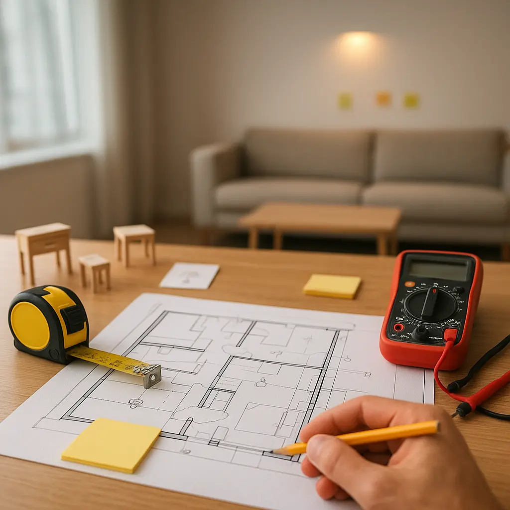 Electric renovation planning in an apartment with outlets lighting and furniture placement