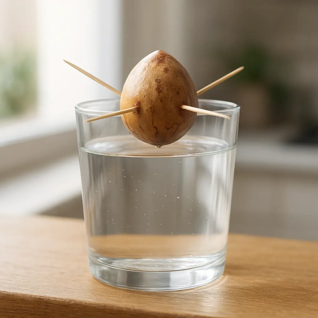 Avocado pit suspended with toothpicks over a glass of water on a bright kitchen windowsill