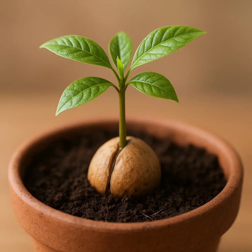 Young avocado plant in a pot with half of the pit visible, fresh soil and small green leaves