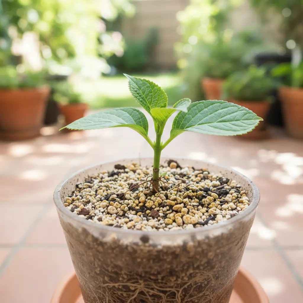 Hydrangea cutting in a small pot with light well-draining potting mix