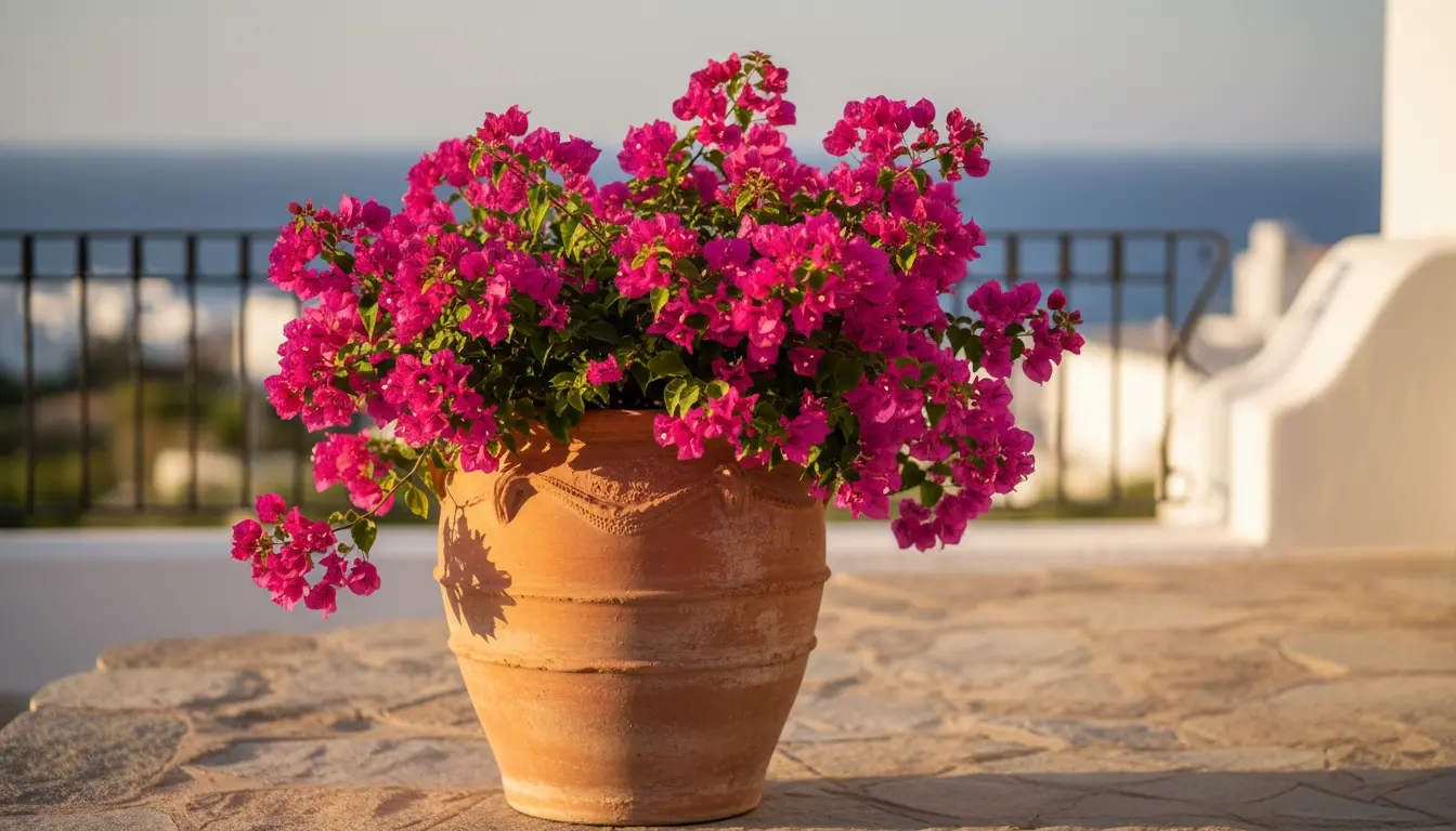 Potted bougainvillea in a terracotta container on a sunny terrace