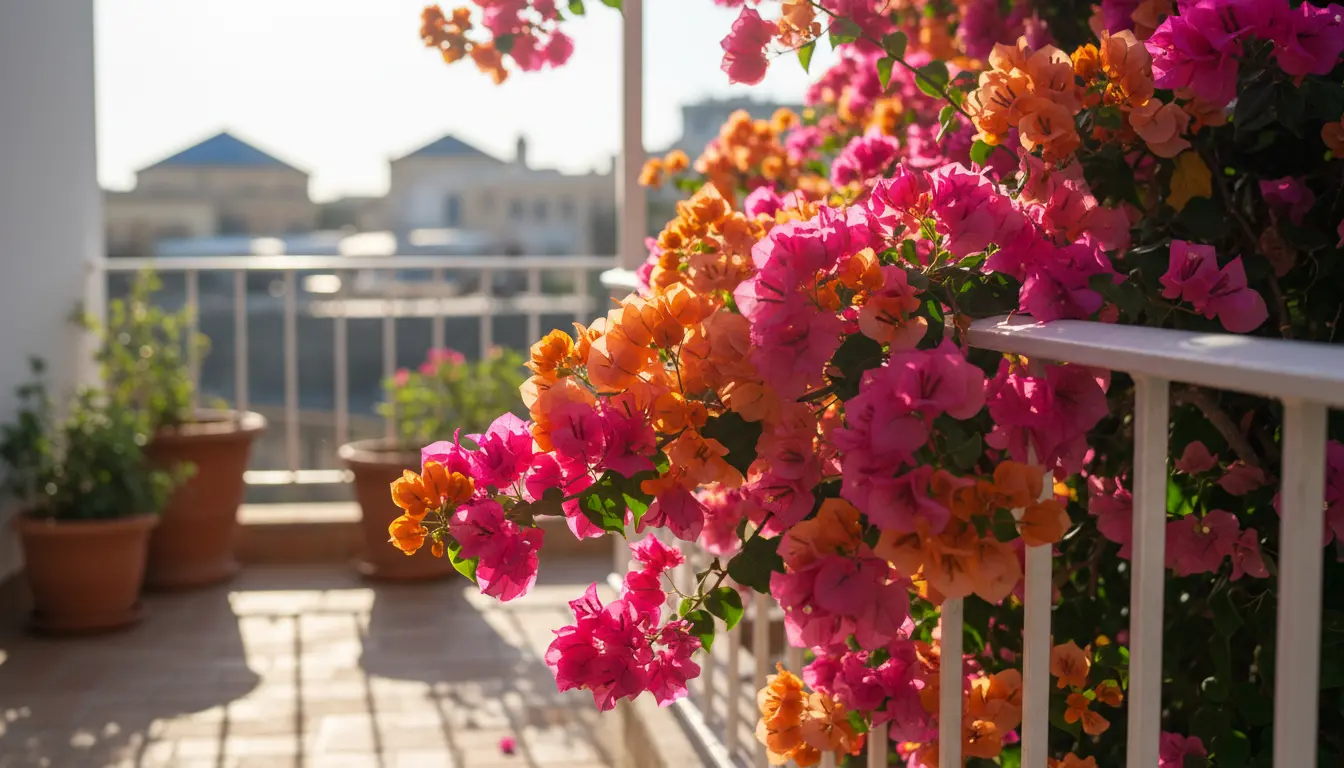 Bougainvillea in a bright sunny balcony with colorful bracts
