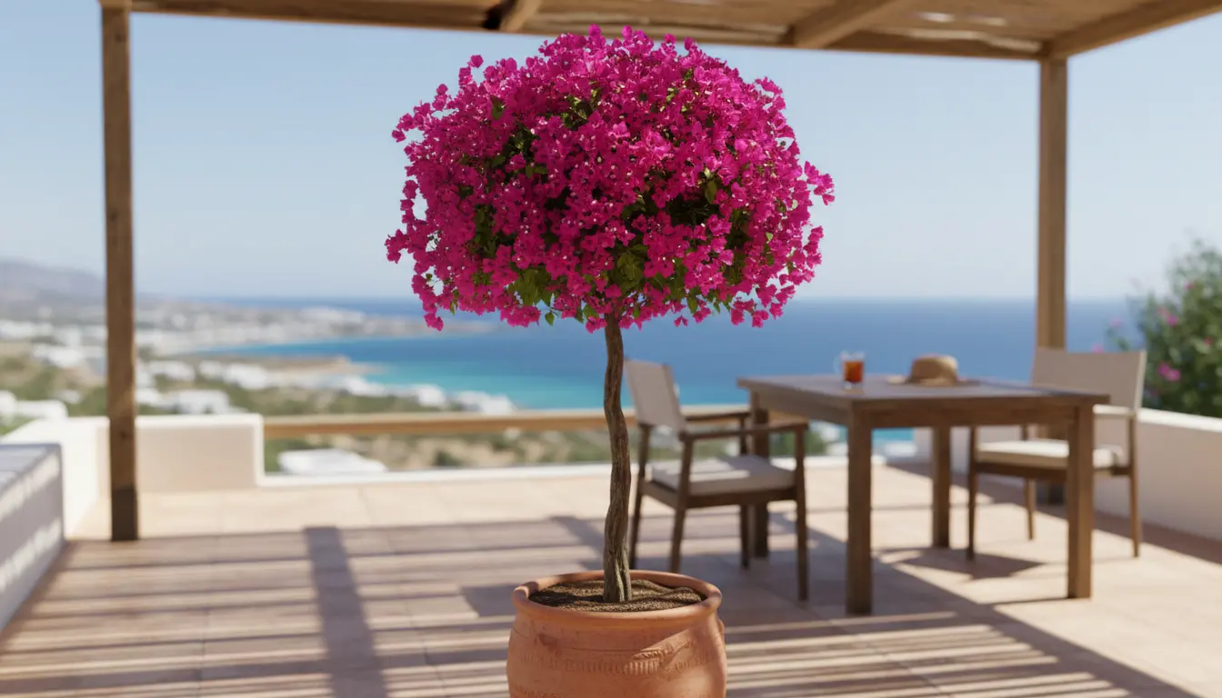 Potted bougainvillea trained on a single stem with a rounded crown decorating a sunny terrace