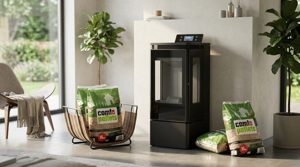 Quelques sacs de pellets devant un poele a pellet éteint dans un intérieur moderne.