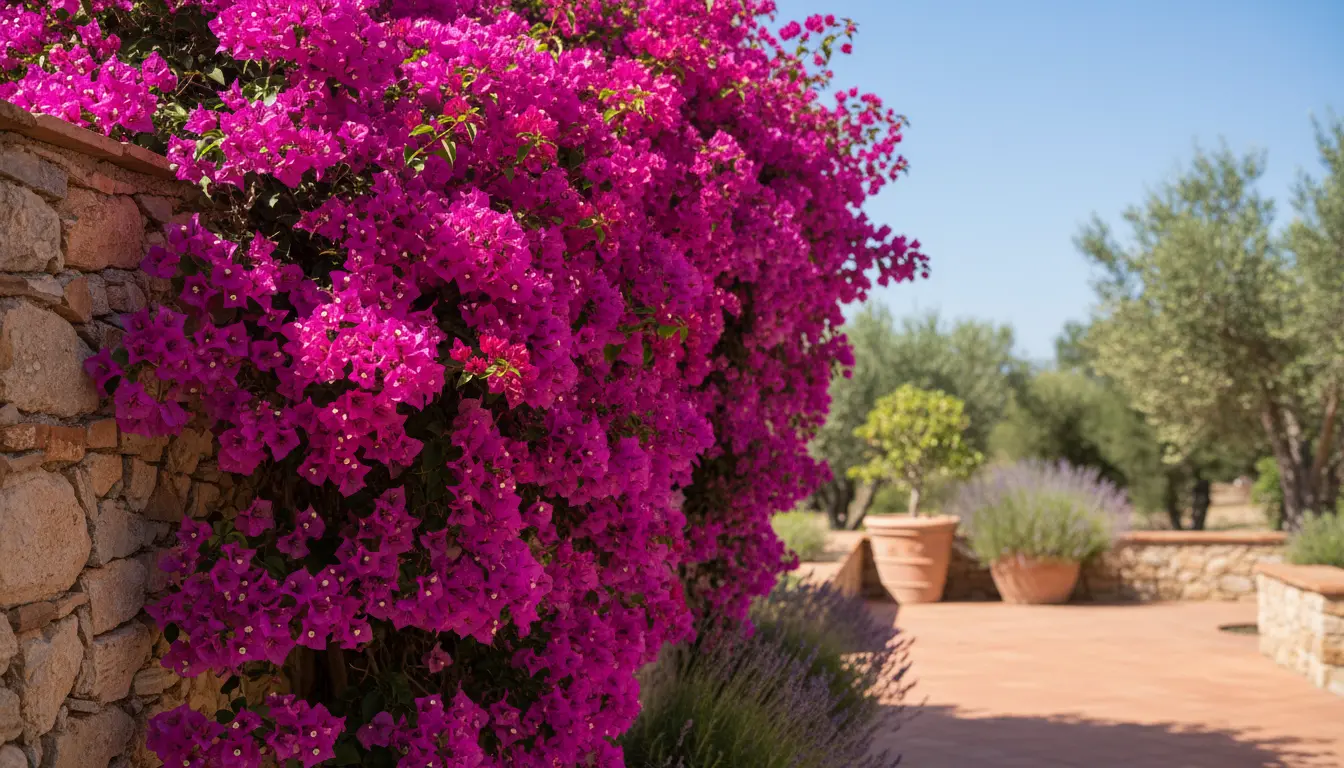 A thornless bougainvillea flowering in a bright Mediterranean garden