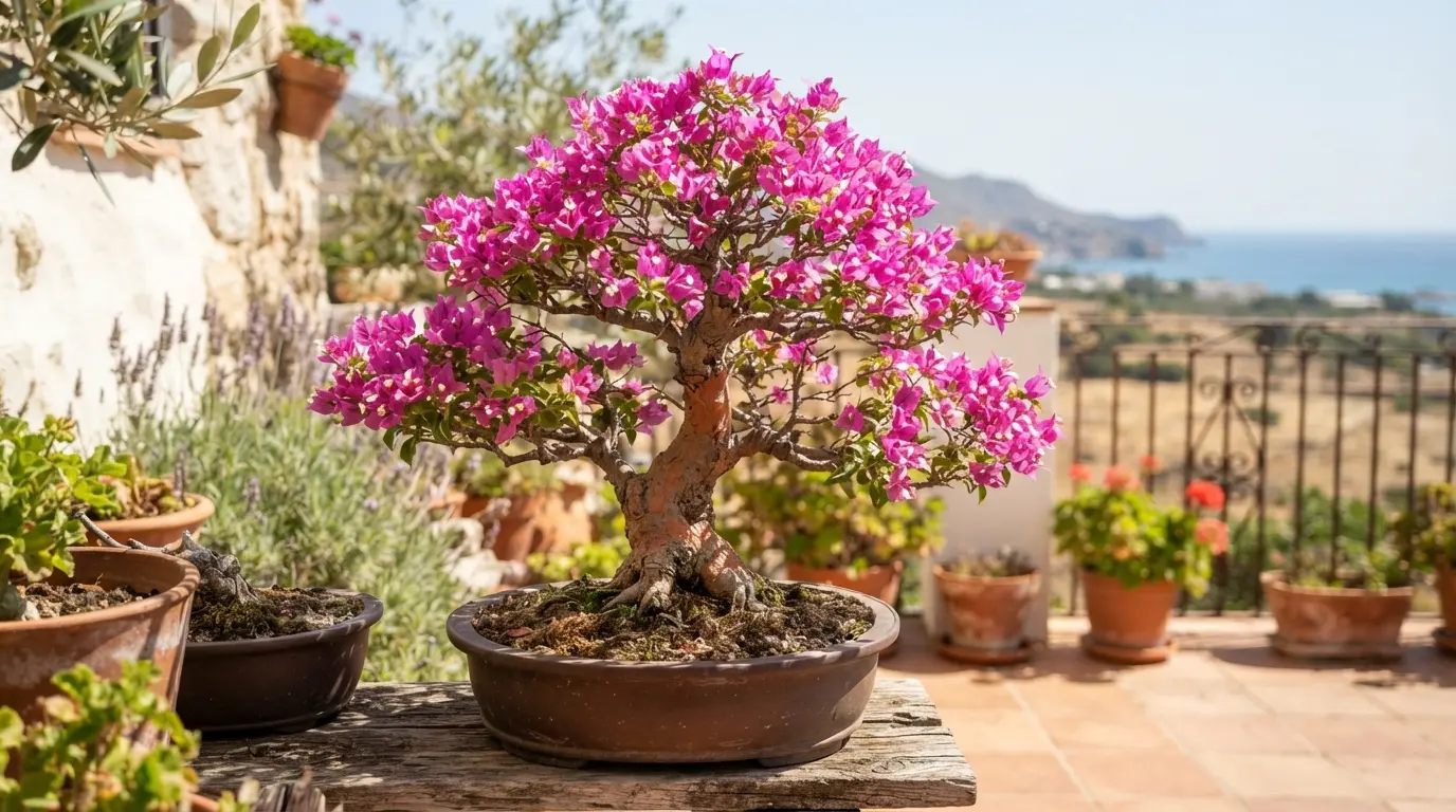 Bougainvillea bonsai standing in full sun on a terrace