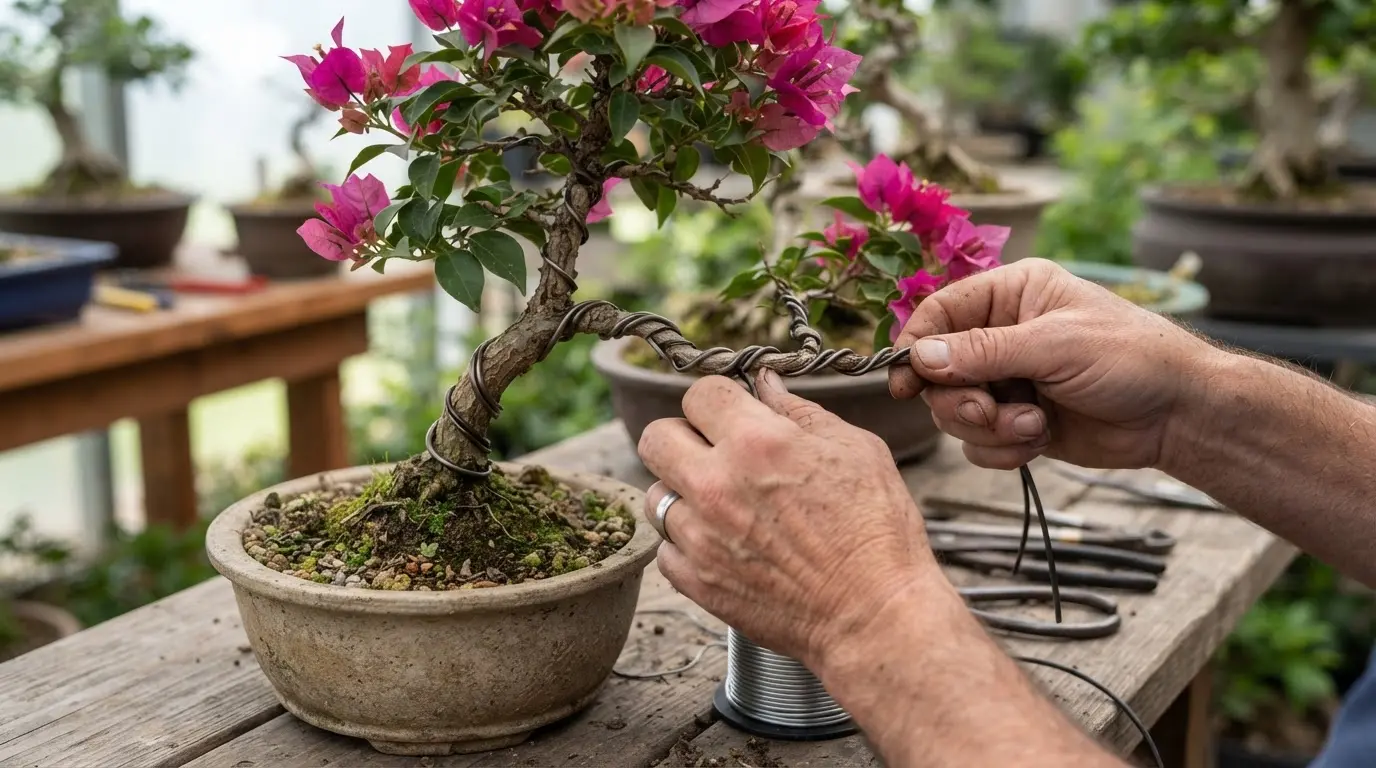 Hands wiring a bougainvillea bonsai branch with aluminum wire