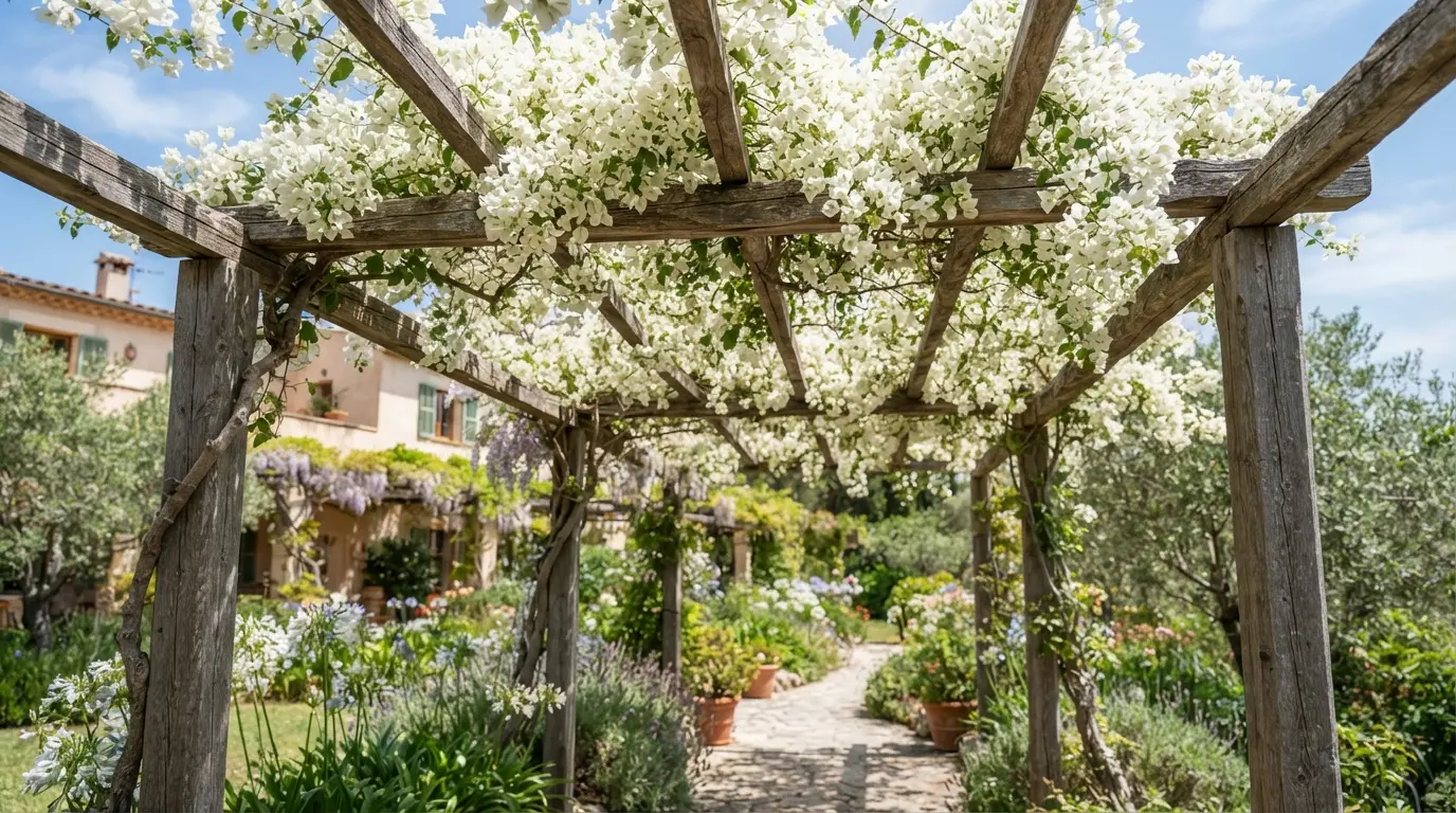 White bougainvillea trained over a pergola creating a bright summer canopy